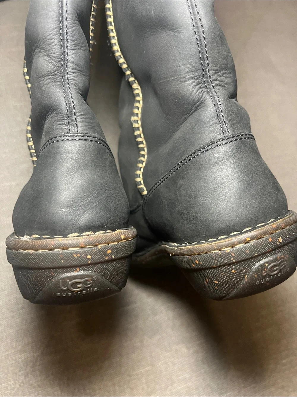 UGG Swell Tall Black Leather Mid-Calf Boot w/ Tan Trim Stitching - Women size 9